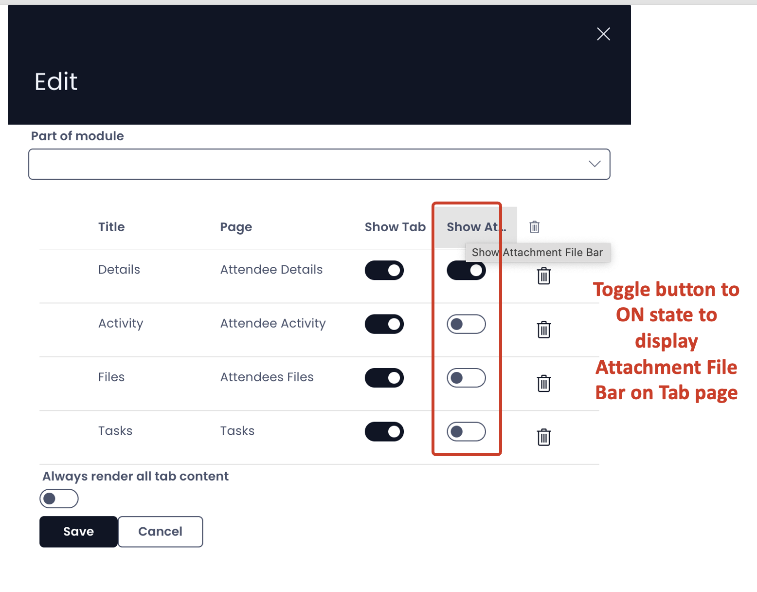 Image showing Edit panel of Tab Strip highlighting Show attachment file bar toggle button